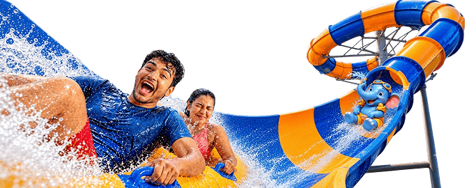 Couple splashing on water slide