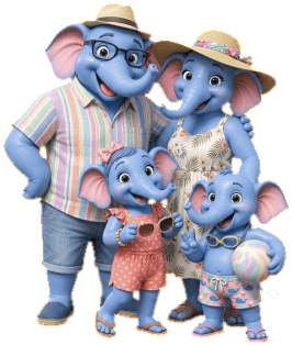 Elephant mascot family ready for a day out