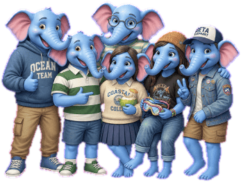 A group of elephant mascot friends