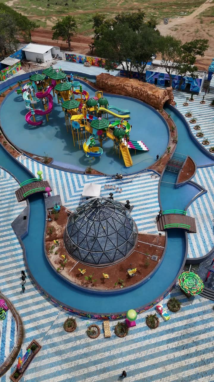 Kids' play island and lazy river seen from above